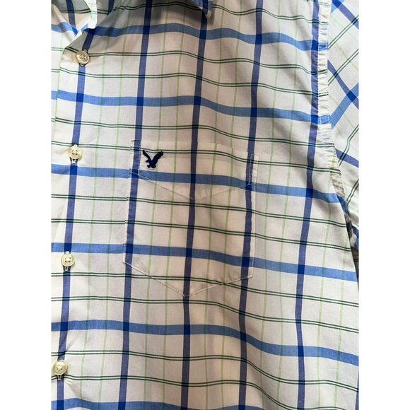 American Eagle Outfitters Plaid Button Up Shirt Mens L Blue Short Sleeve Casual - Picture 7 of 12
